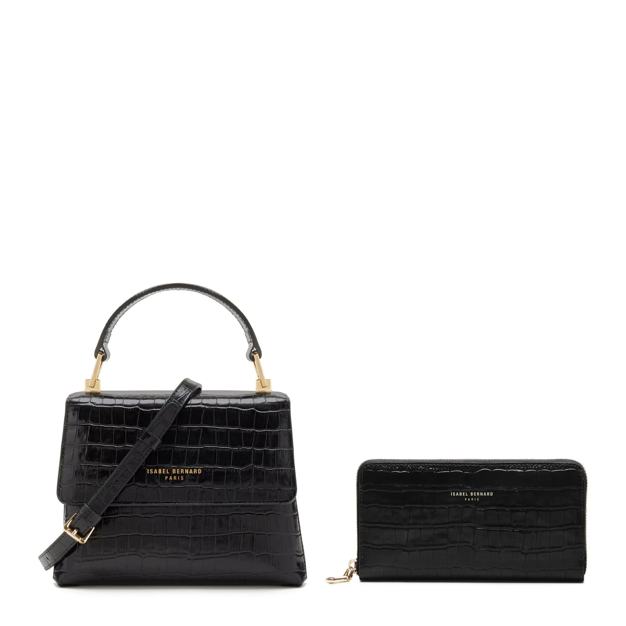 Cadeau d'Isabel croco black calfskin leather handbag and wallet set