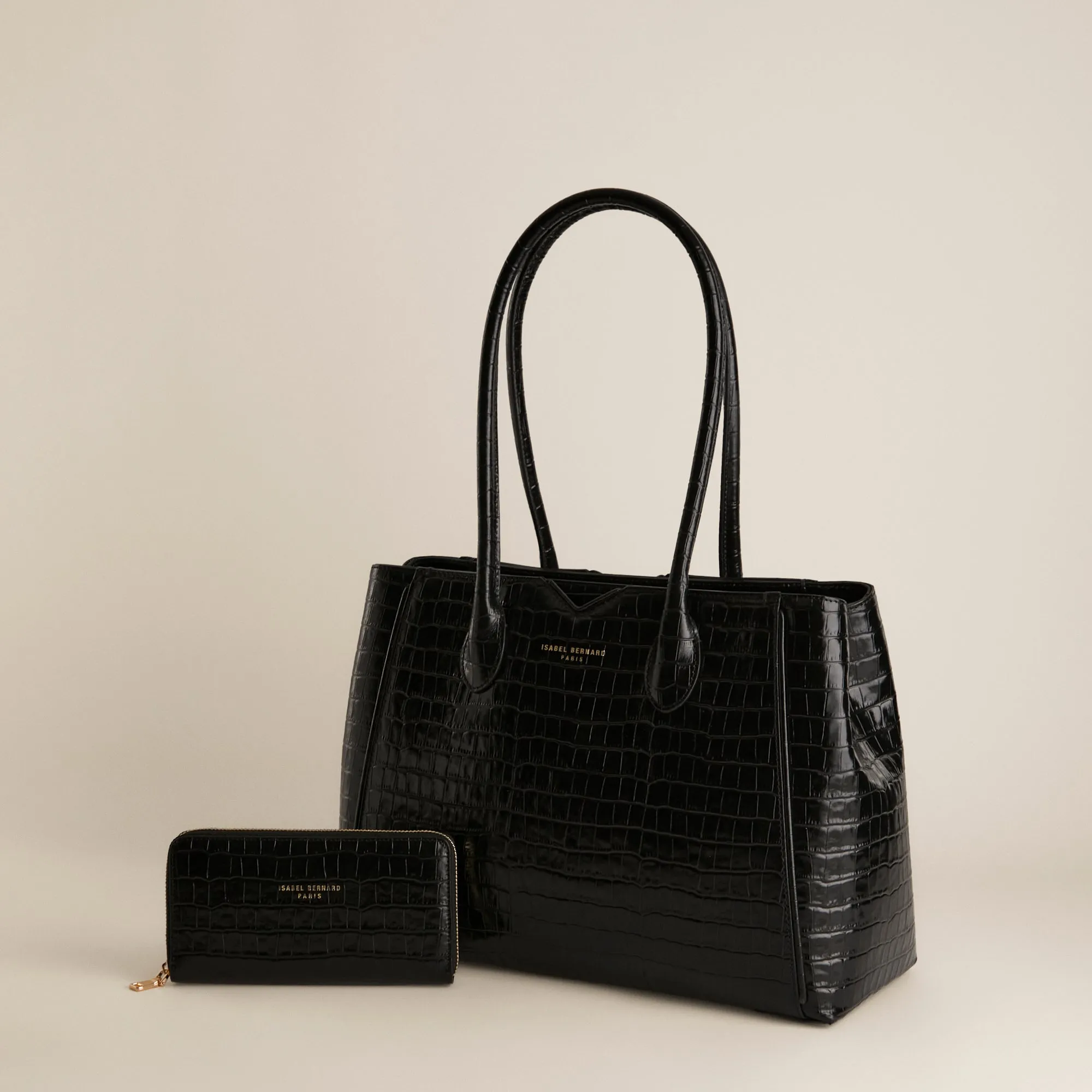 Cadeau d'Isabel croco black calfskin leather handbag and wallet set