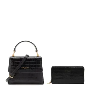 Cadeau d'Isabel croco black calfskin leather handbag and wallet set
