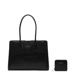 Cadeau d'Isabel croco black calfskin leather handbag and wallet set