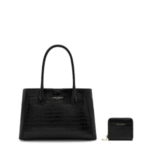 Cadeau d'Isabel croco black calfskin leather handbag and wallet set