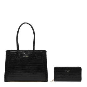 Cadeau d'Isabel croco black calfskin leather handbag and wallet set