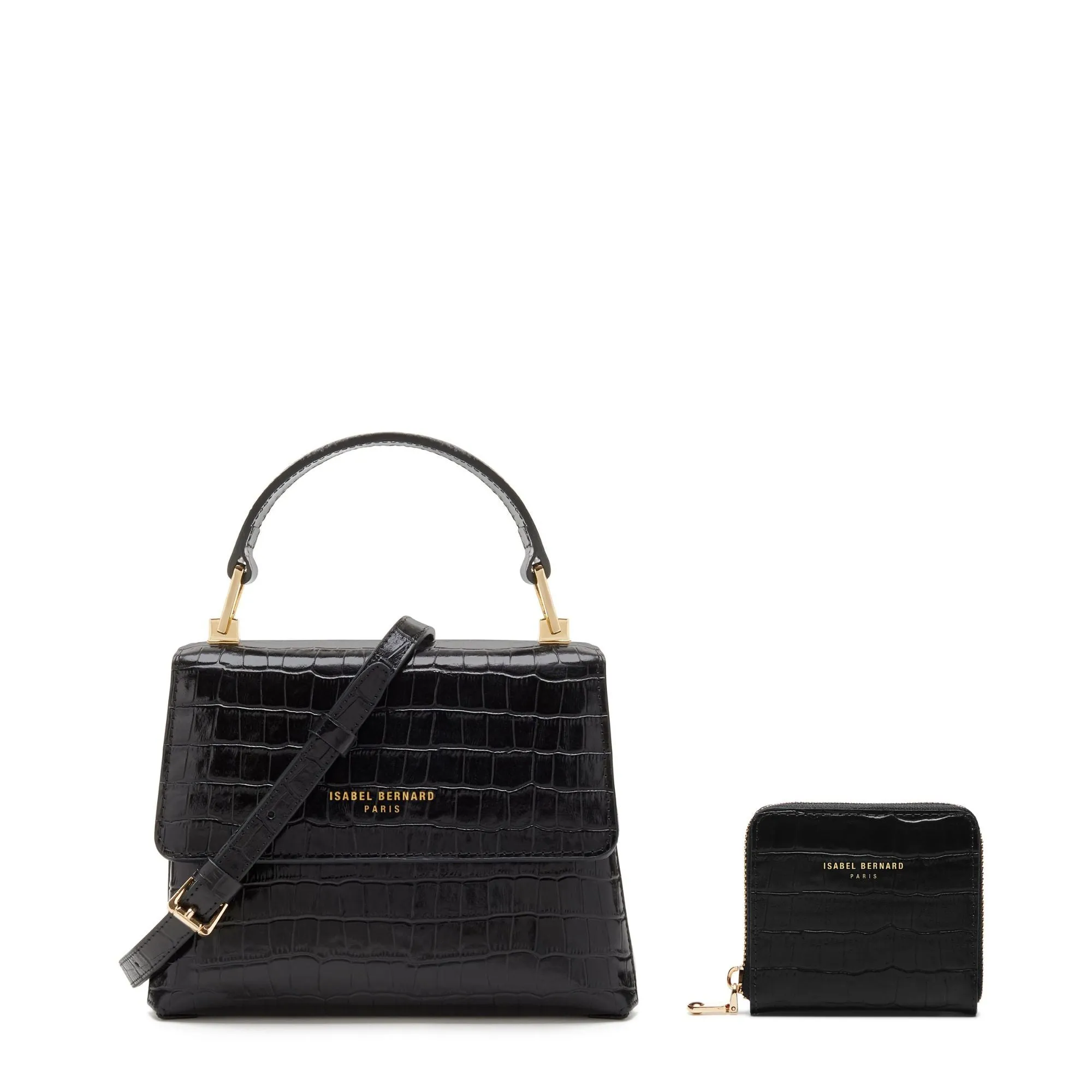 Cadeau d'Isabel croco black calfskin leather handbag and wallet set