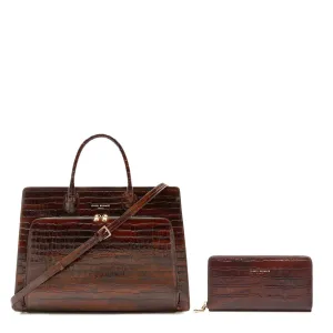Cadeau d'Isabel croco brown calfskin leather handbag and wallet set