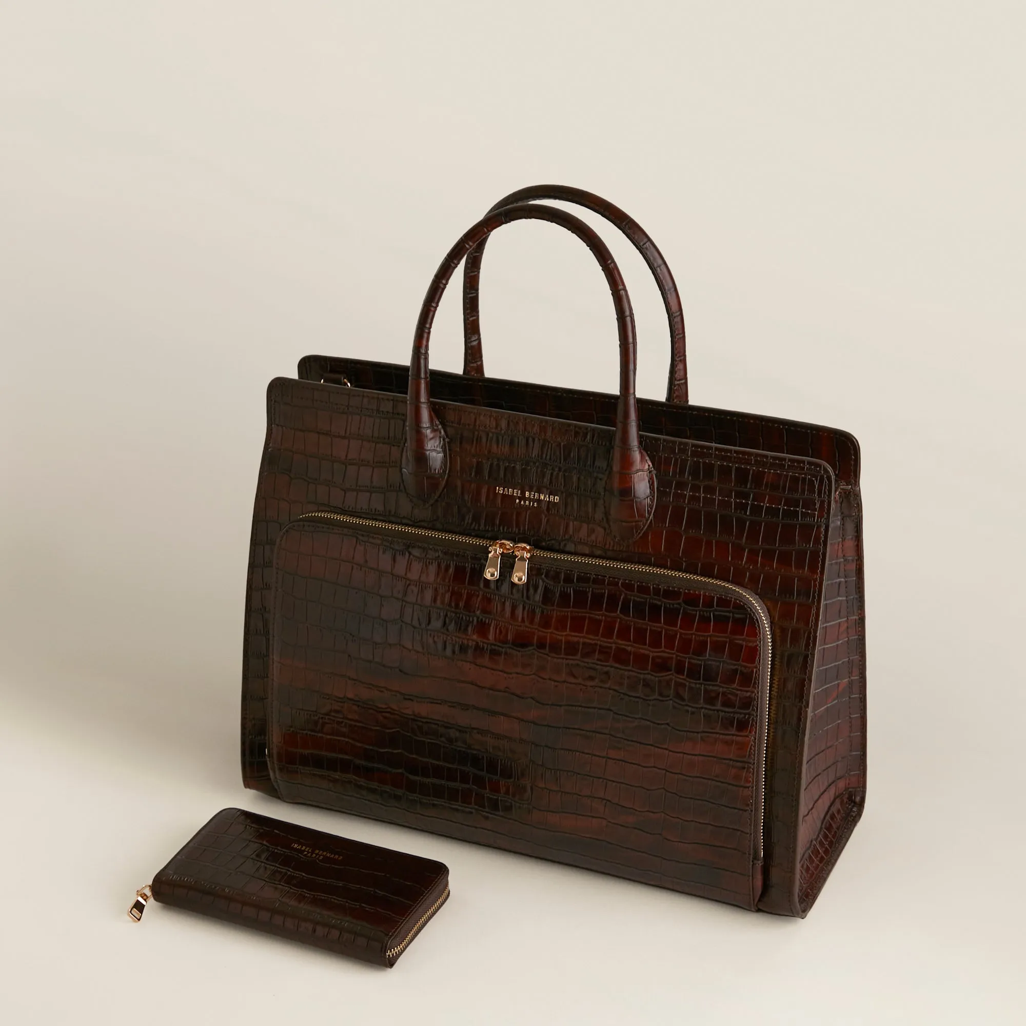 Cadeau d'Isabel croco brown calfskin leather handbag and wallet set