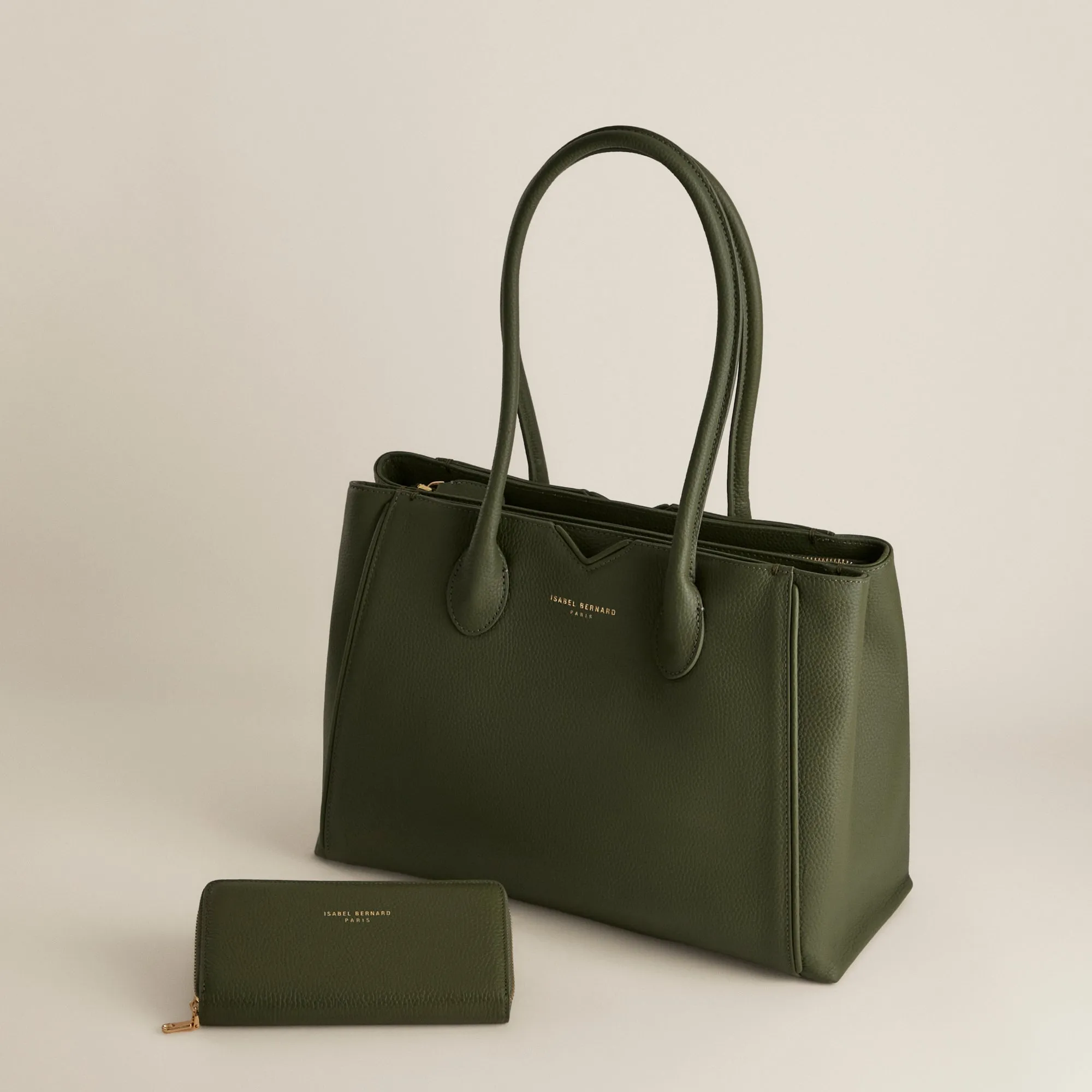 Cadeau d'Isabel green calfskin leather handbag and wallet set