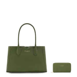 Cadeau d'Isabel green calfskin leather handbag and wallet set