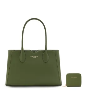 Cadeau d'Isabel green calfskin leather handbag and wallet set