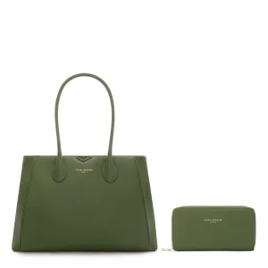 Cadeau d'Isabel green calfskin leather handbag and wallet set