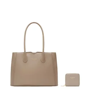 Cadeau d'Isabel taupe calfskin leather handbag and wallet set