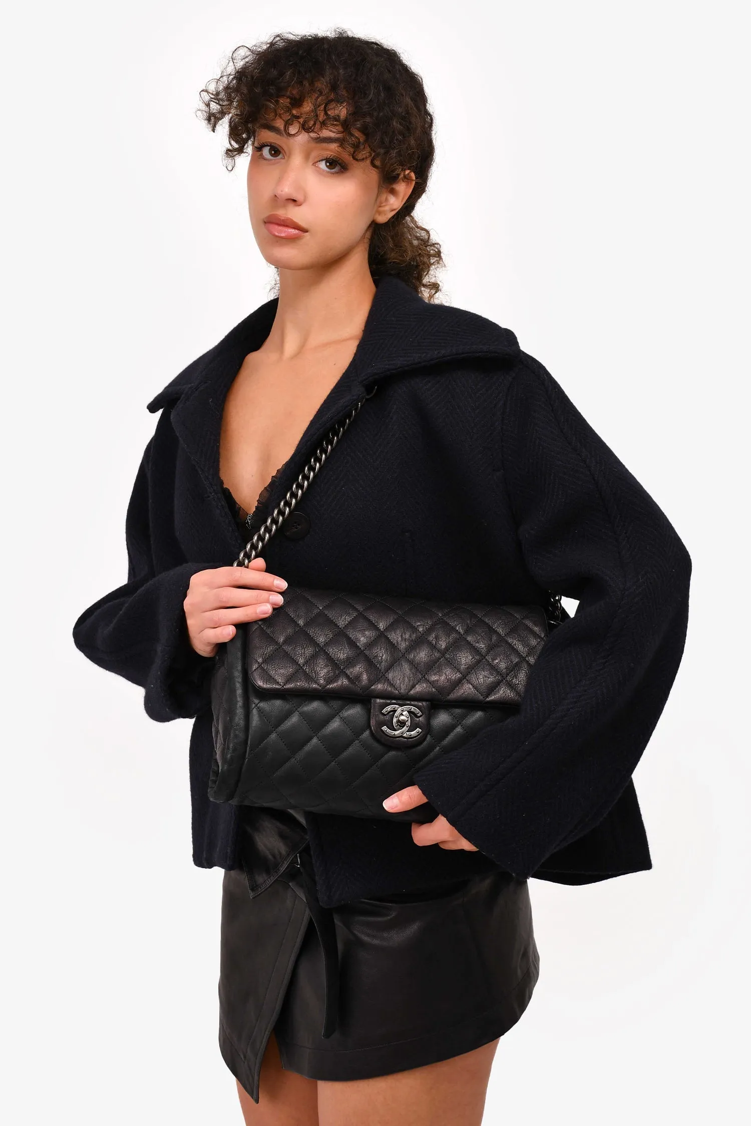 Chanel 2014 Black/Green Washed Lambskin Quilted Studded CC Flap Shoulder Bag