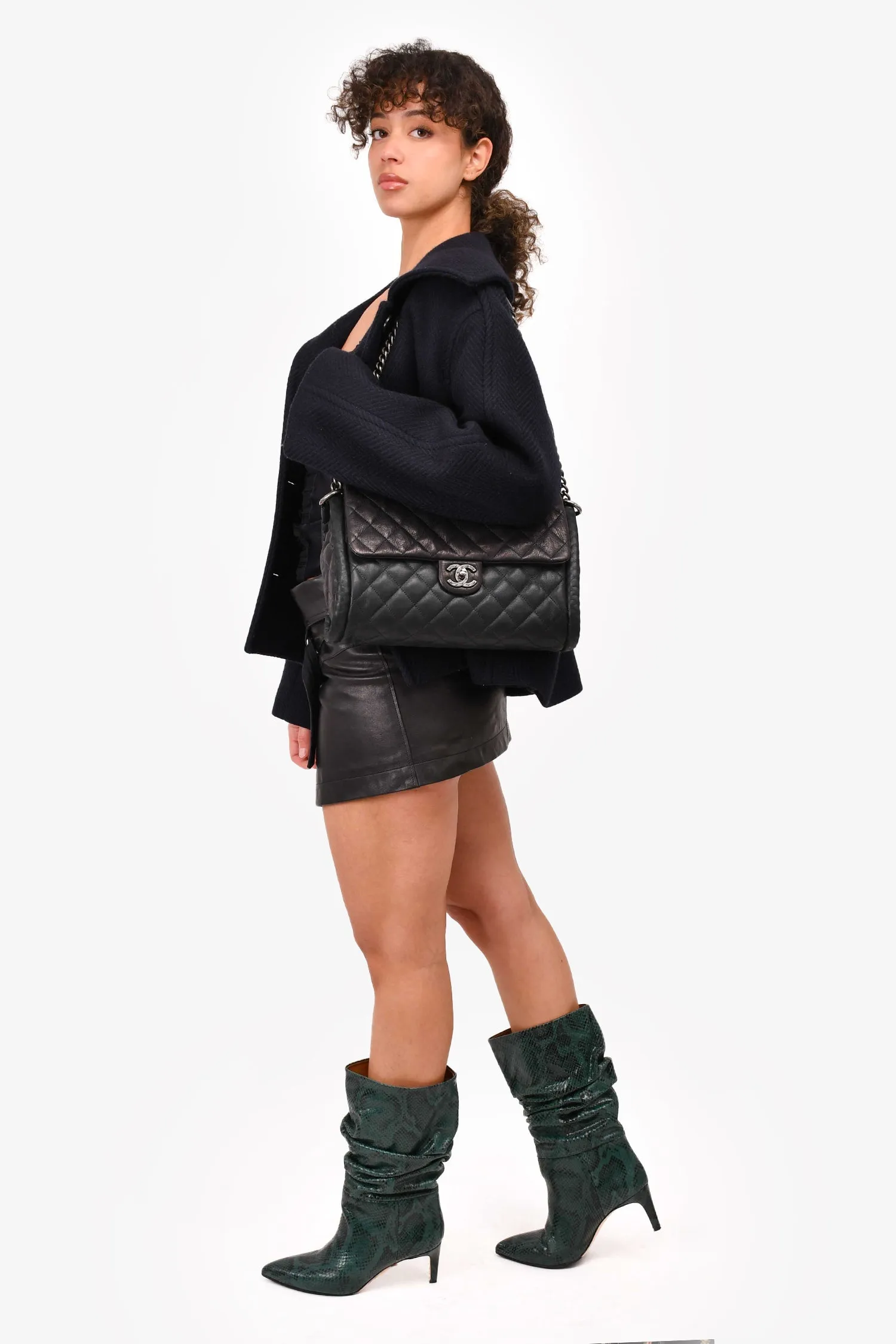 Chanel 2014 Black/Green Washed Lambskin Quilted Studded CC Flap Shoulder Bag