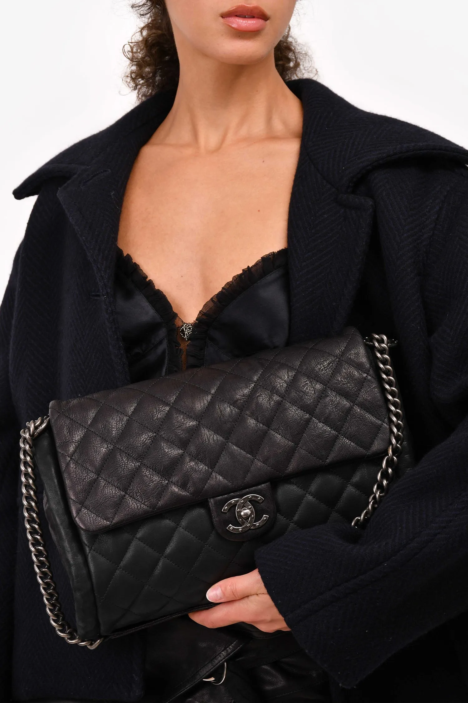 Chanel 2014 Black/Green Washed Lambskin Quilted Studded CC Flap Shoulder Bag