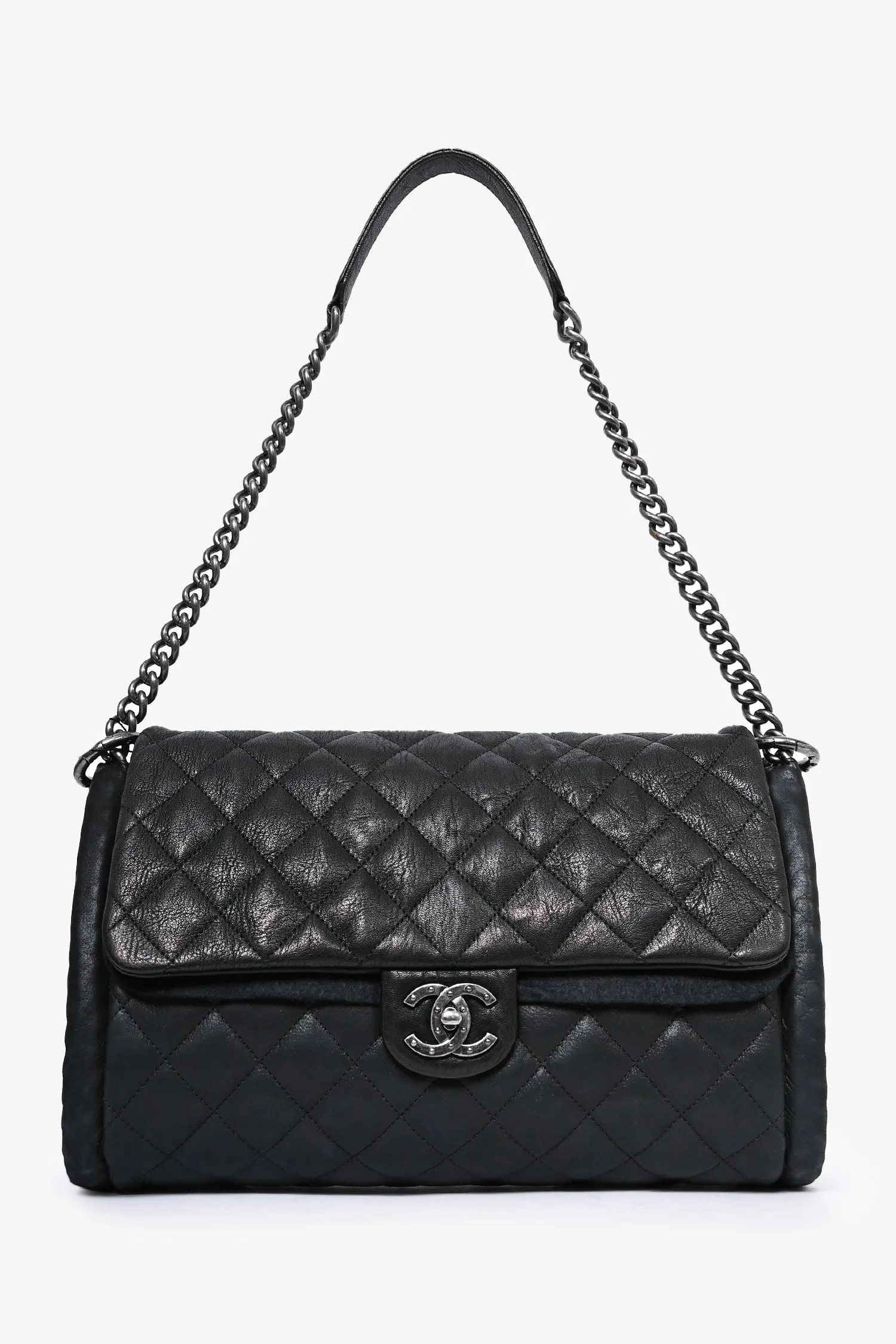 Chanel 2014 Black/Green Washed Lambskin Quilted Studded CC Flap Shoulder Bag