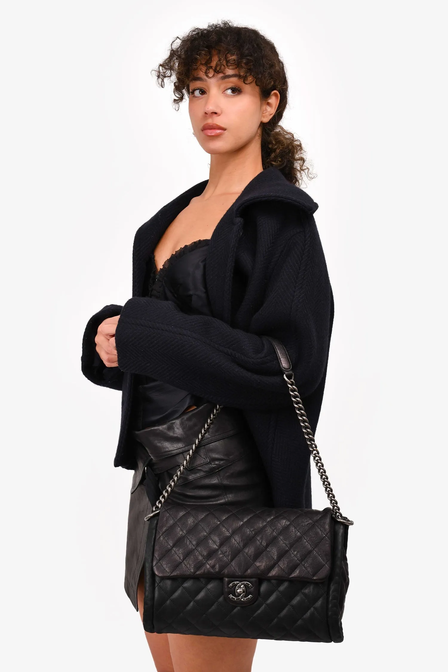 Chanel 2014 Black/Green Washed Lambskin Quilted Studded CC Flap Shoulder Bag