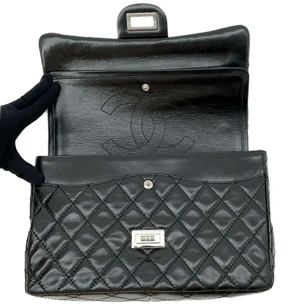 CHANEL 2.55 Matelasse W-Flap W-Chain Shoulder Bag BlackA37587 Aged Calf Leather Size Large