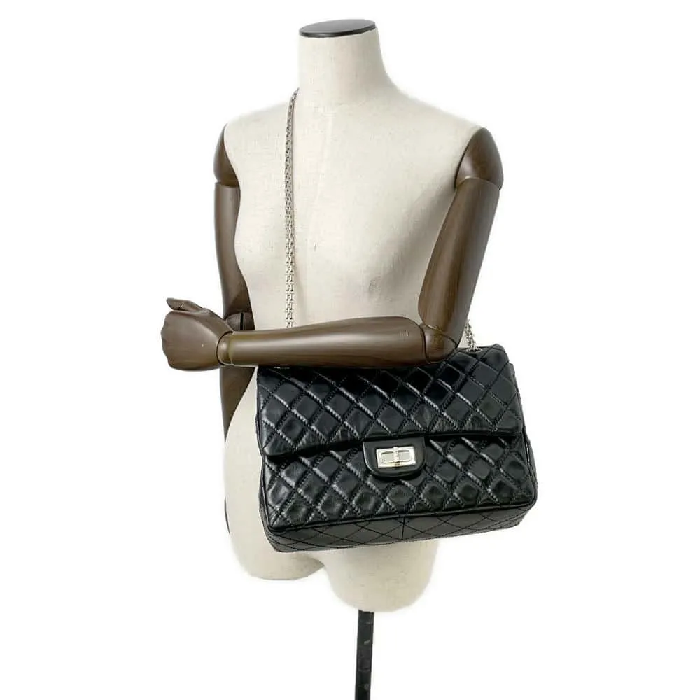 CHANEL 2.55 Matelasse W-Flap W-Chain Shoulder Bag BlackA37587 Aged Calf Leather Size Large