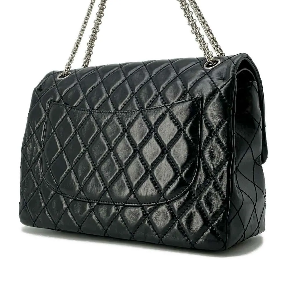 CHANEL 2.55 Matelasse W-Flap W-Chain Shoulder Bag BlackA37587 Aged Calf Leather Size Large