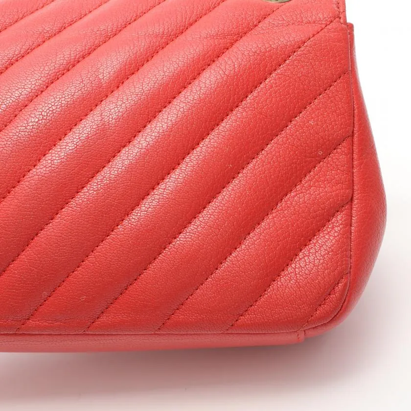 Chanel Chevron Bias Stitch Chain Shoulder Bag Leather Orange Red with Antique Gold Hardware