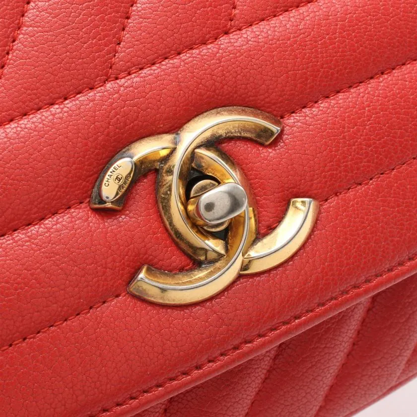 Chanel Chevron Bias Stitch Chain Shoulder Bag Leather Orange Red with Antique Gold Hardware