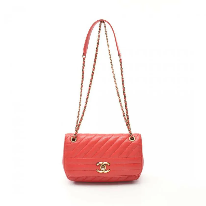 Chanel Chevron Bias Stitch Chain Shoulder Bag Leather Orange Red with Antique Gold Hardware
