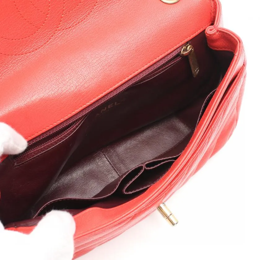 Chanel Chevron Bias Stitch Chain Shoulder Bag Leather Orange Red with Antique Gold Hardware