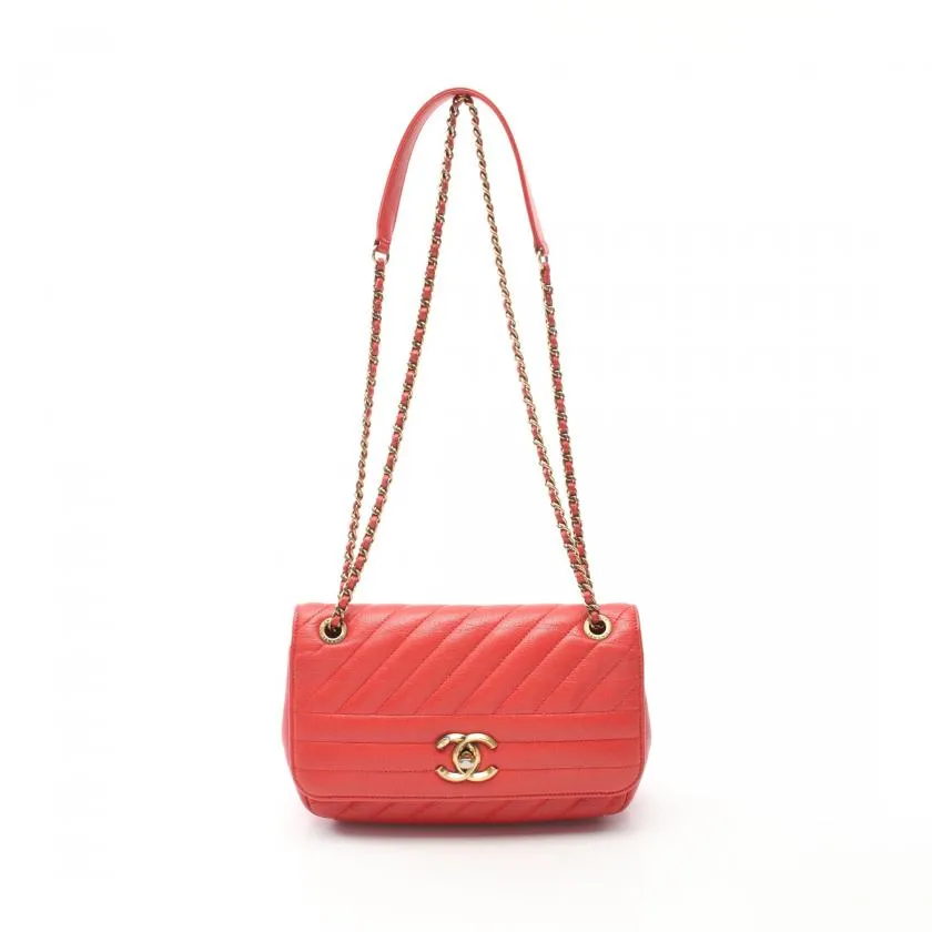 Chanel Chevron Bias Stitch Chain Shoulder Bag Leather Orange Red with Antique Gold Hardware