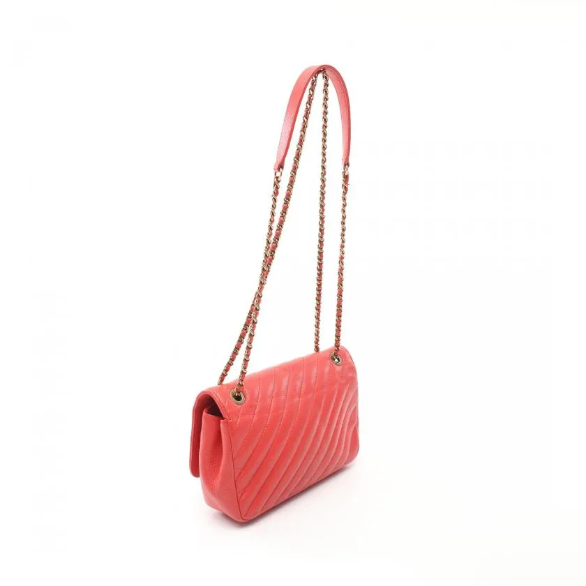 Chanel Chevron Bias Stitch Chain Shoulder Bag Leather Orange Red with Antique Gold Hardware