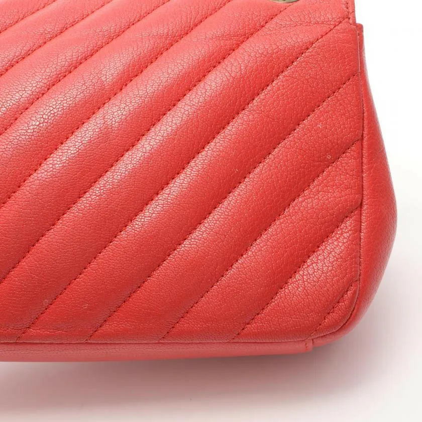 Chanel Chevron Bias Stitch Chain Shoulder Bag Leather Orange Red with Antique Gold Hardware