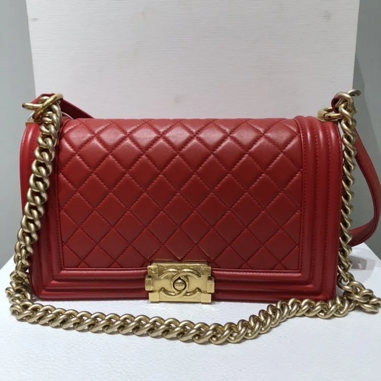 Chanel LeBoy Red Quilted Leather Chain Shoulder Bag Medium
