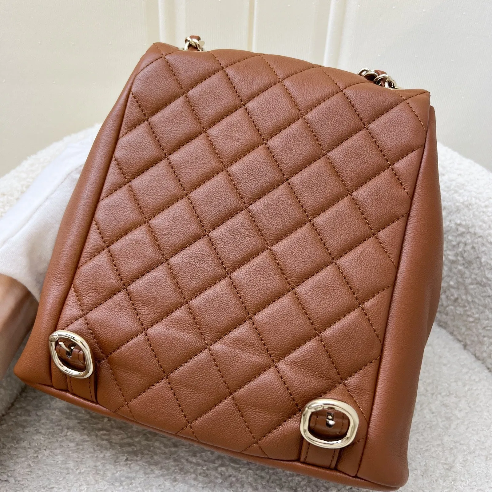 Chanel Medium Triple Backpack in 23A Cognac Brown Calfskin and LGHW (Model: AS3860)