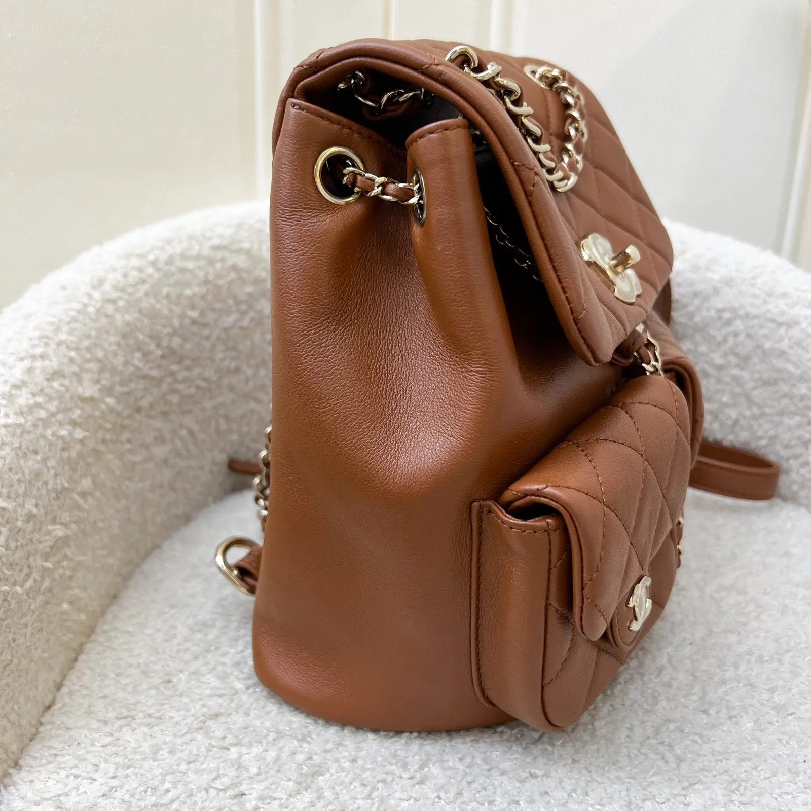 Chanel Medium Triple Backpack in 23A Cognac Brown Calfskin and LGHW (Model: AS3860)