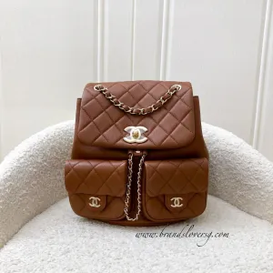 Chanel Medium Triple Backpack in 23A Cognac Brown Calfskin and LGHW (Model: AS3860)