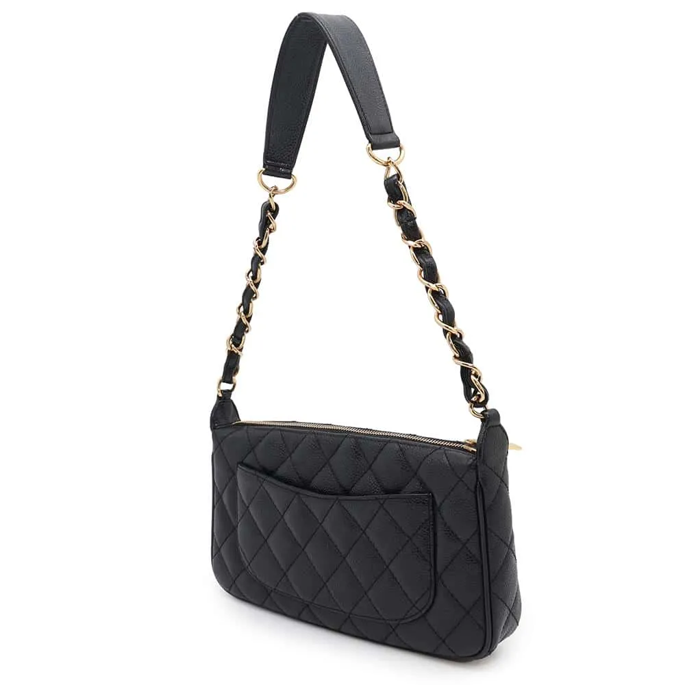 CHANEL one belt CC Logo Semi Shoulder Bag BlackA22476 Caviar Leather