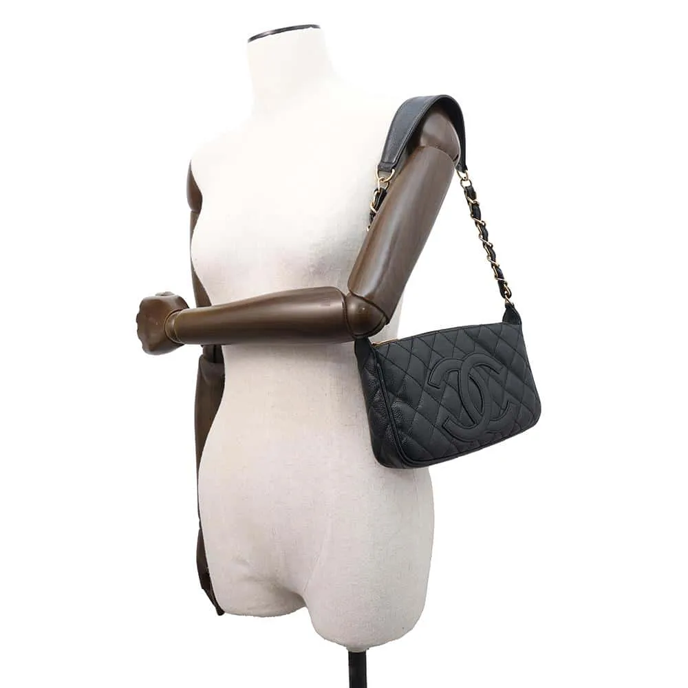 CHANEL one belt CC Logo Semi Shoulder Bag BlackA22476 Caviar Leather