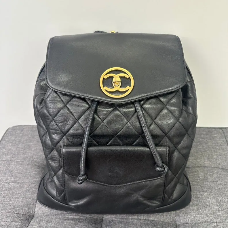 Chanel Vintage Black Lambskin Turn-lock Chain Backpack