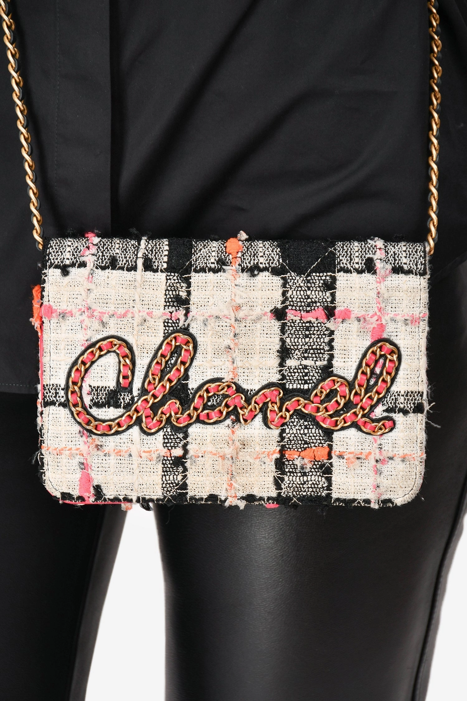 Chanel 2019 Pink/Black/Cream Tweed Wallet On Chain