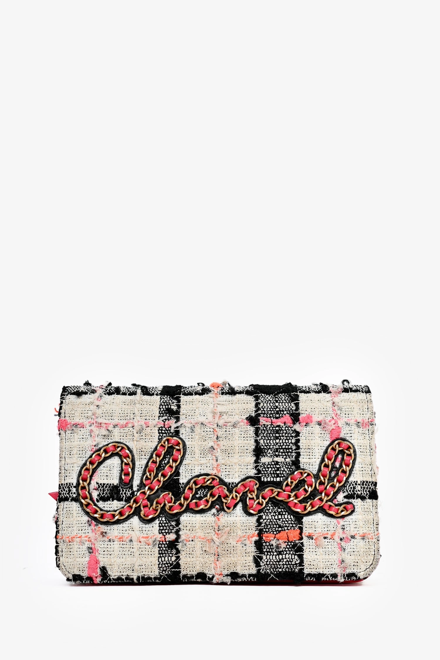 Chanel 2019 Pink/Black/Cream Tweed Wallet On Chain