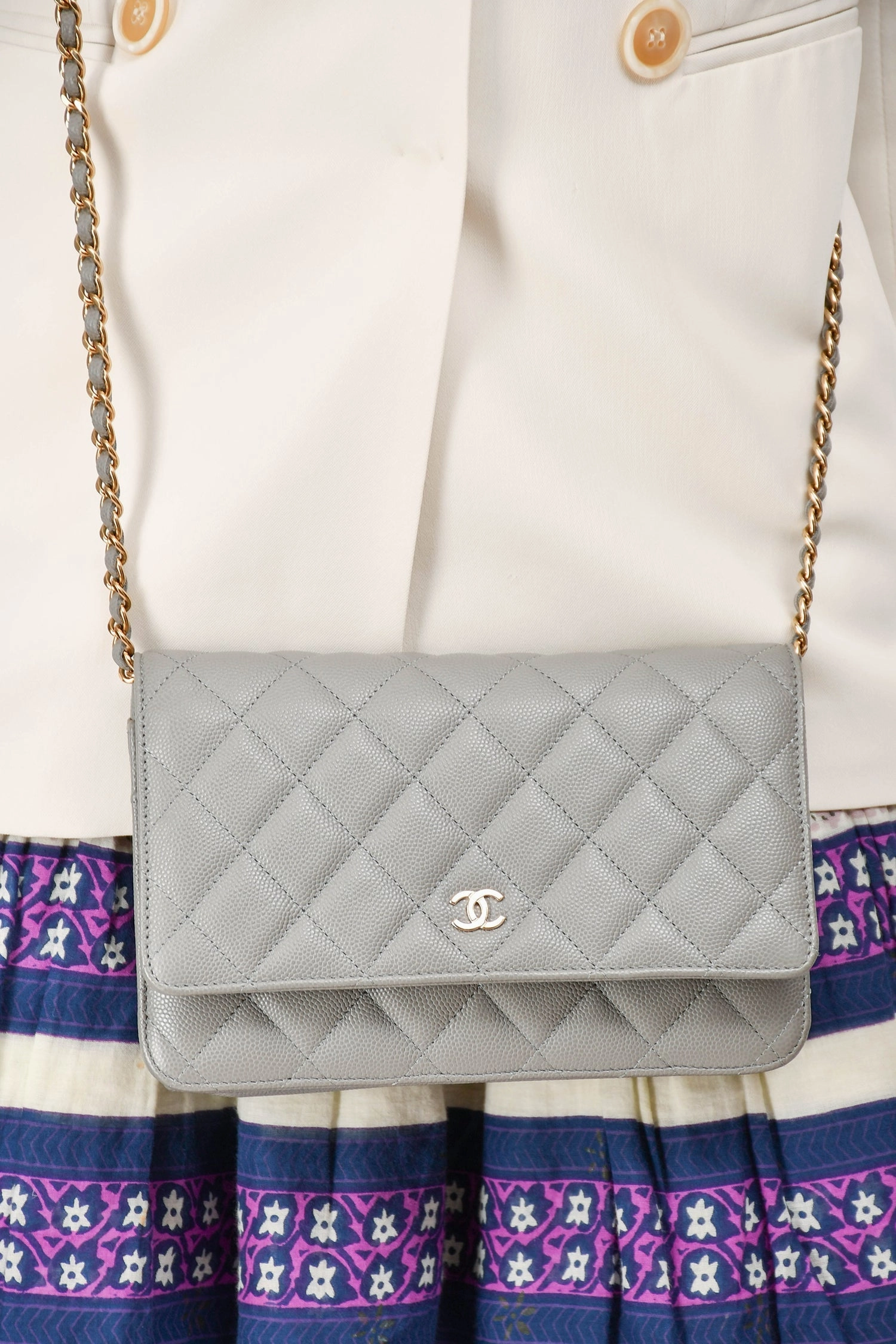Chanel Grey Caviar Leather Wallet On Chain