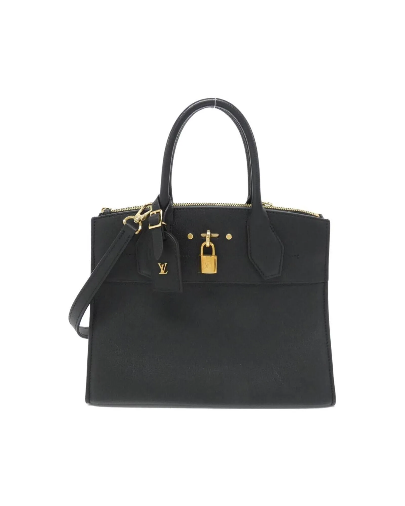 City Steamer Leather Handbag with Key Name Tag Padlock and Shoulder Strap