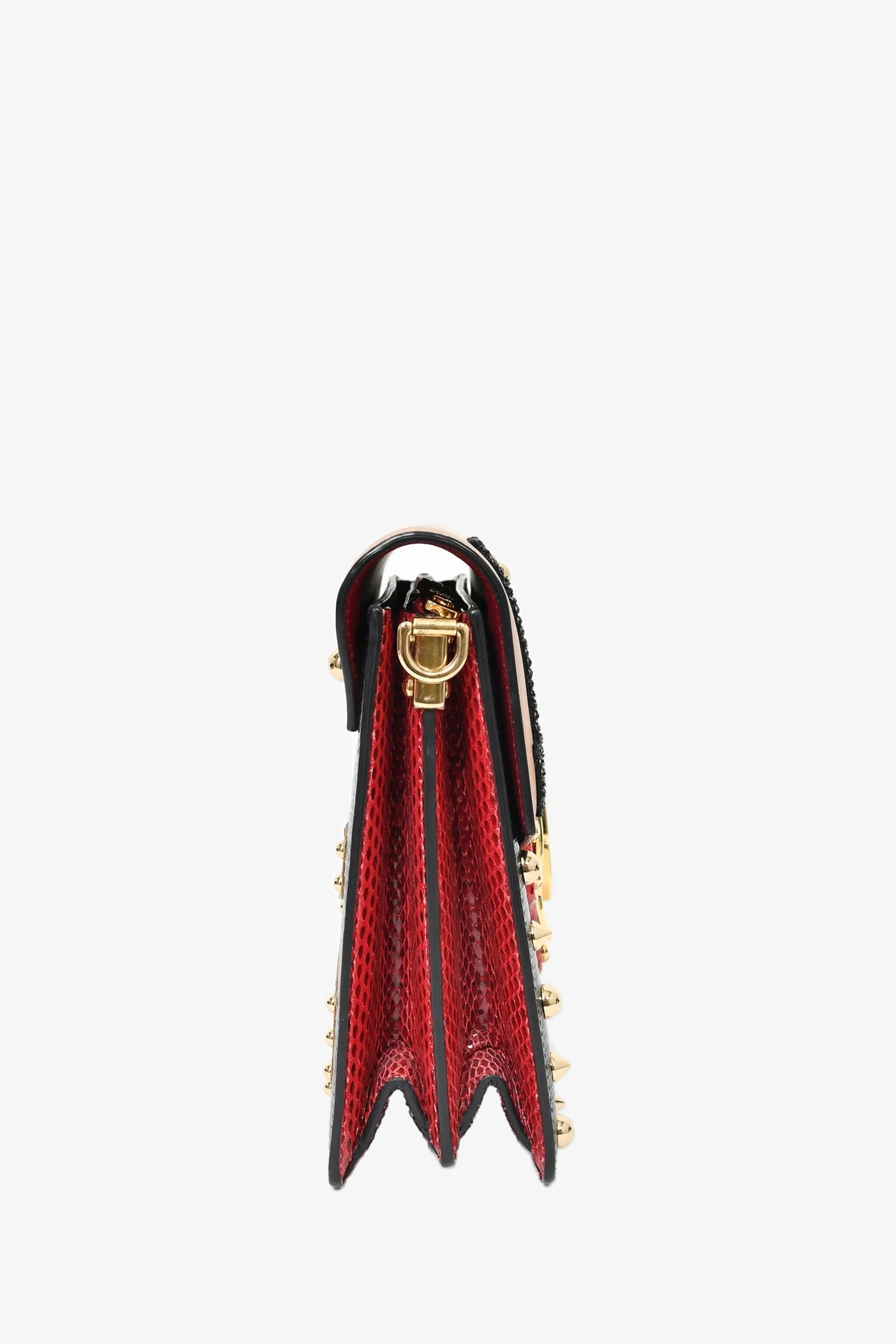 Dolce & Gabbana Beige/Black Leather Red Python Trim Embellished 'Lucia' Shoulder Bag w/ Strap