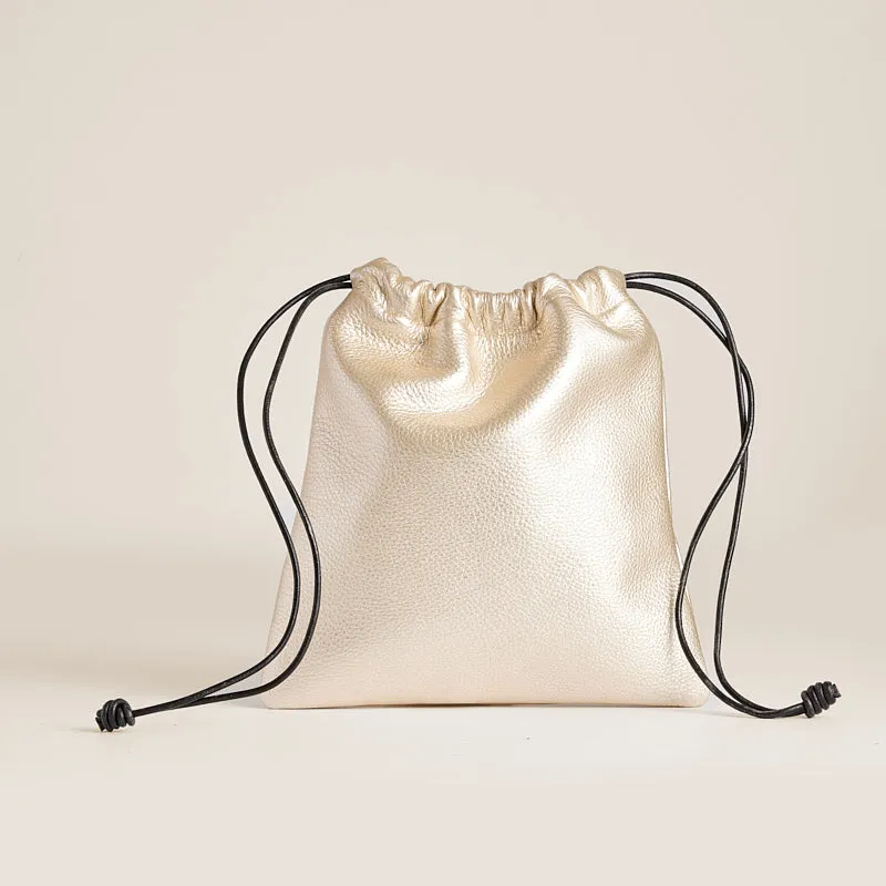 Drawstring Pouch - Leather Metallic Platinum