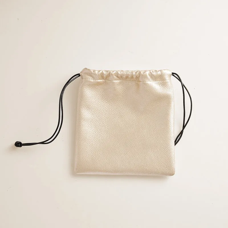Drawstring Pouch - Leather Metallic Platinum