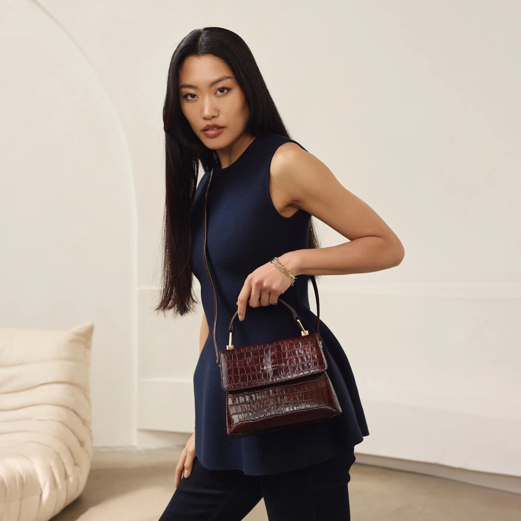Femme Forte Heline croco brown calfskin leather handbag