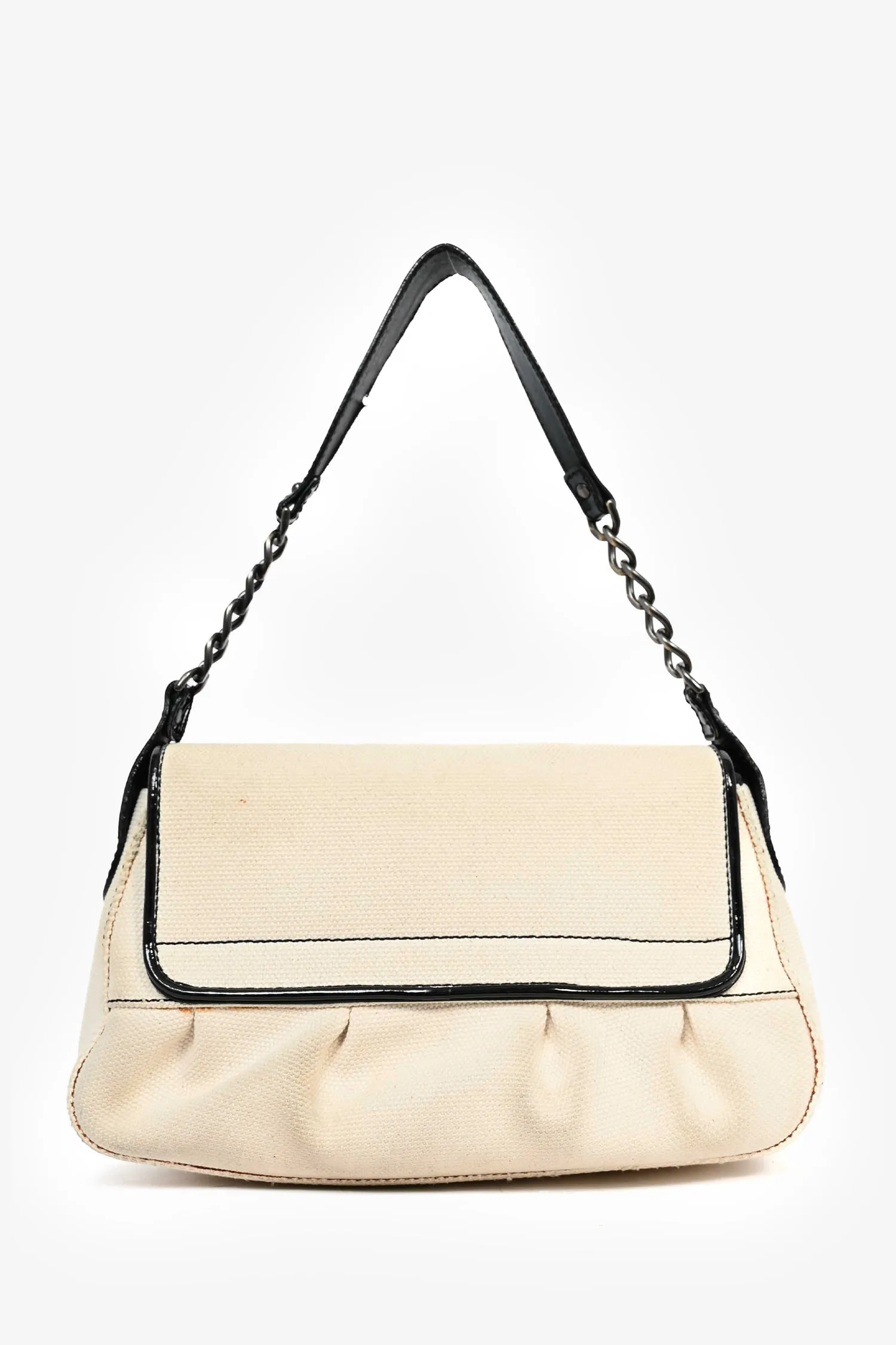 Fendi Vintage Cream Canvas Black Patent Leather Trim 'B Bis' Shoulder Bag
