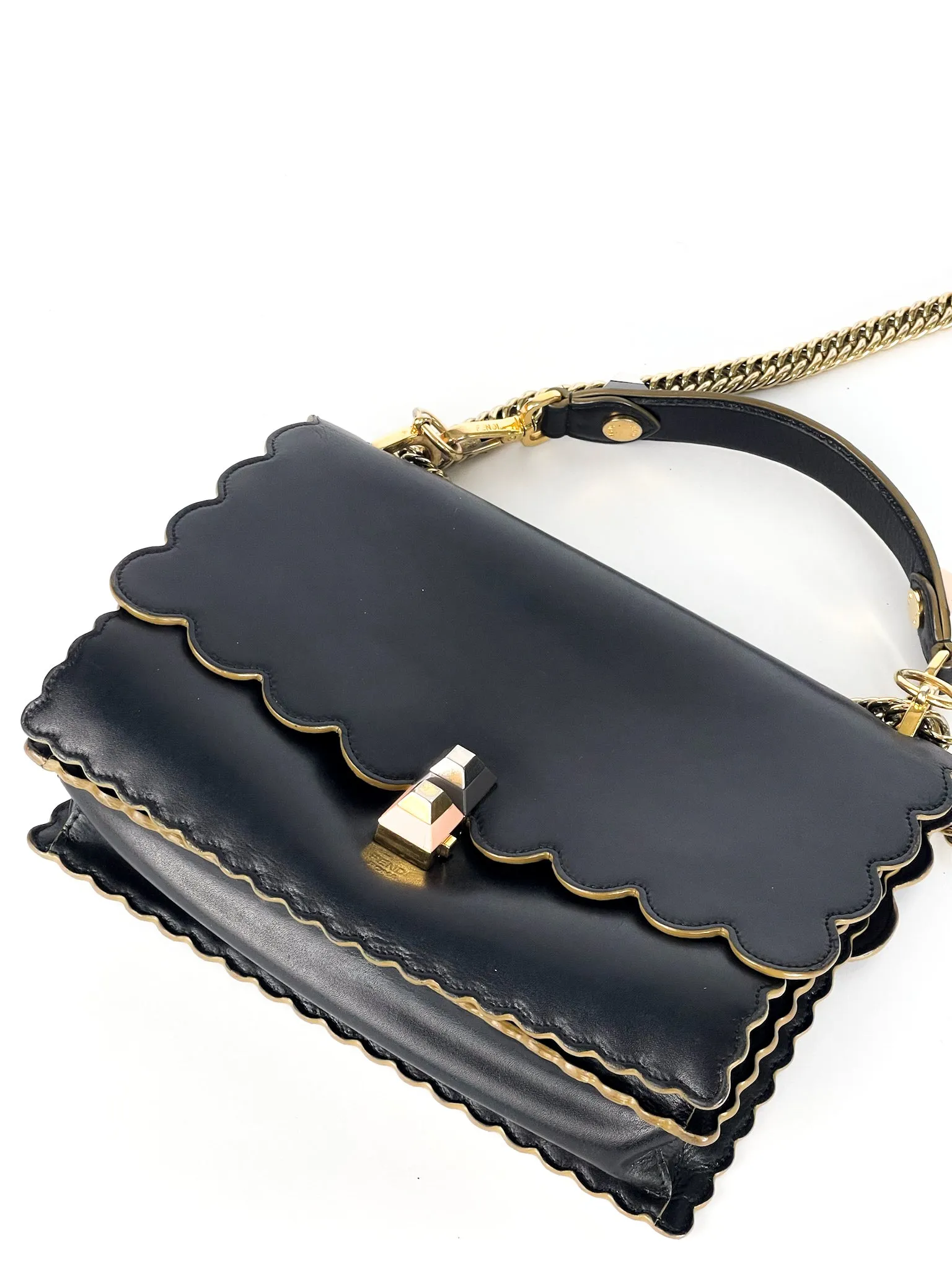 Fendi Vitello Liberty Scalloped Studded Kan I Shoulder Bag Black