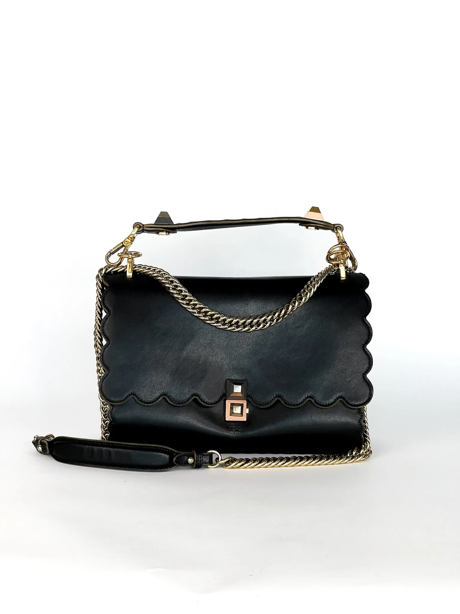 Fendi Vitello Liberty Scalloped Studded Kan I Shoulder Bag Black