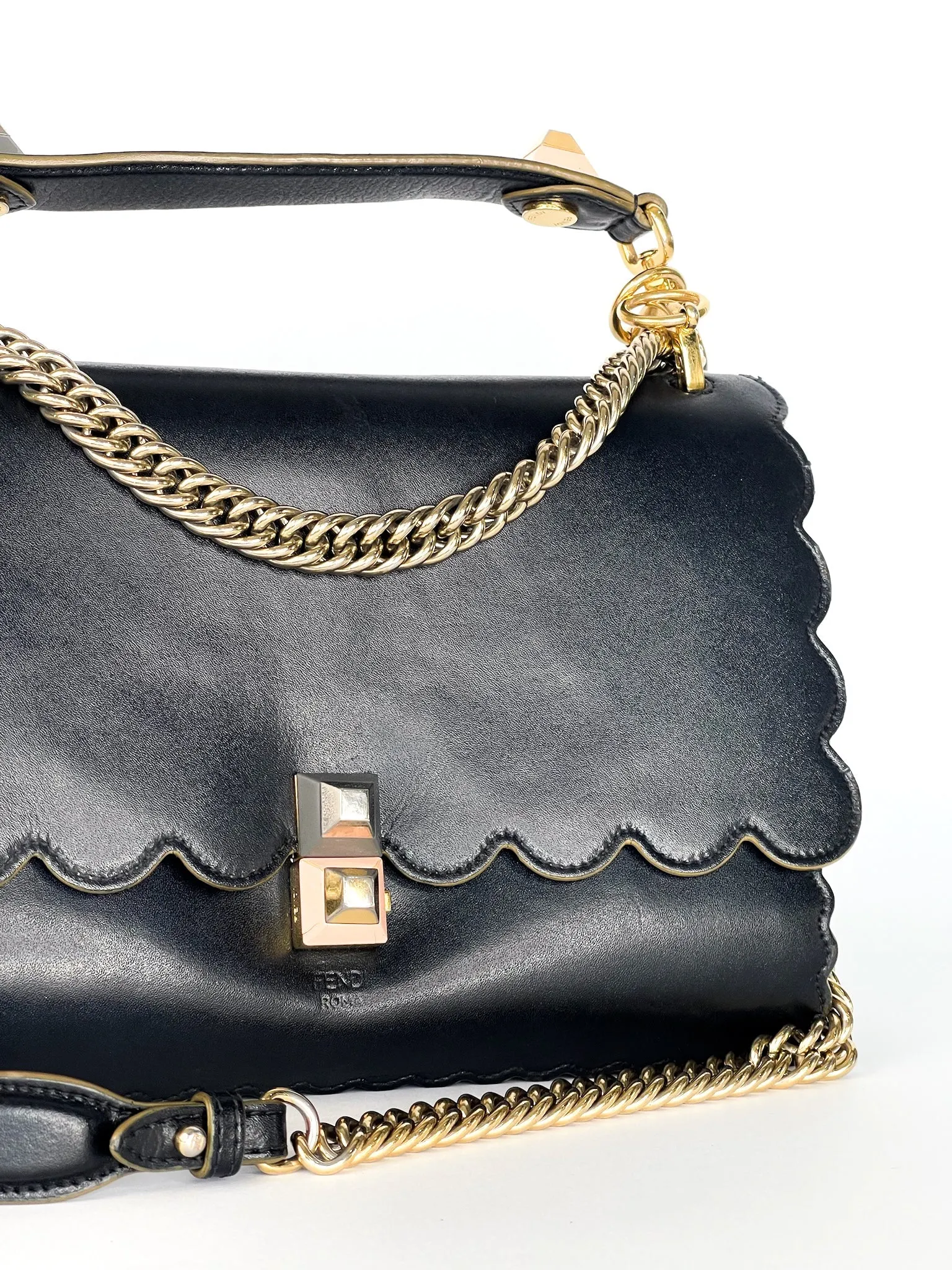 Fendi Vitello Liberty Scalloped Studded Kan I Shoulder Bag Black