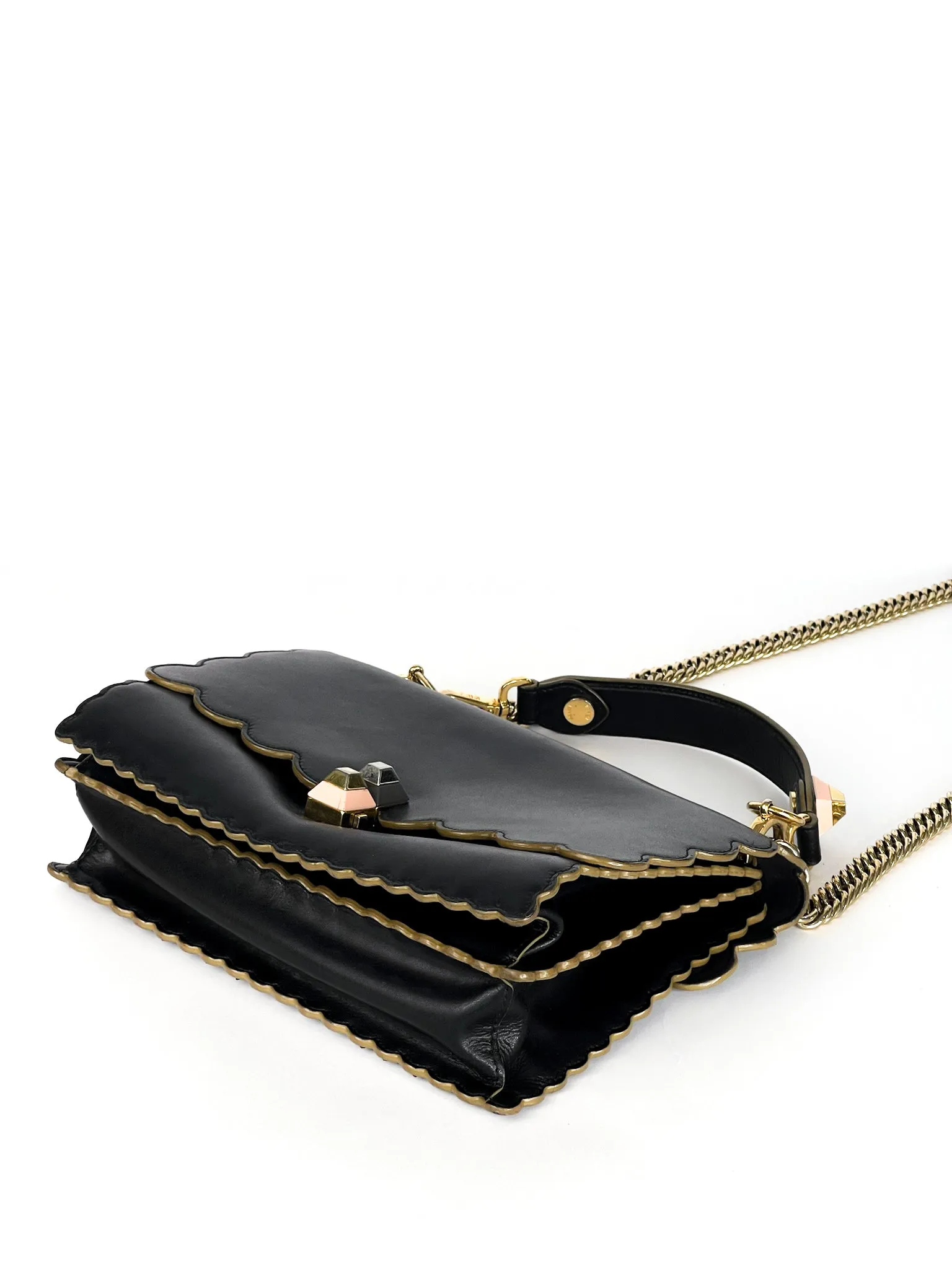 Fendi Vitello Liberty Scalloped Studded Kan I Shoulder Bag Black