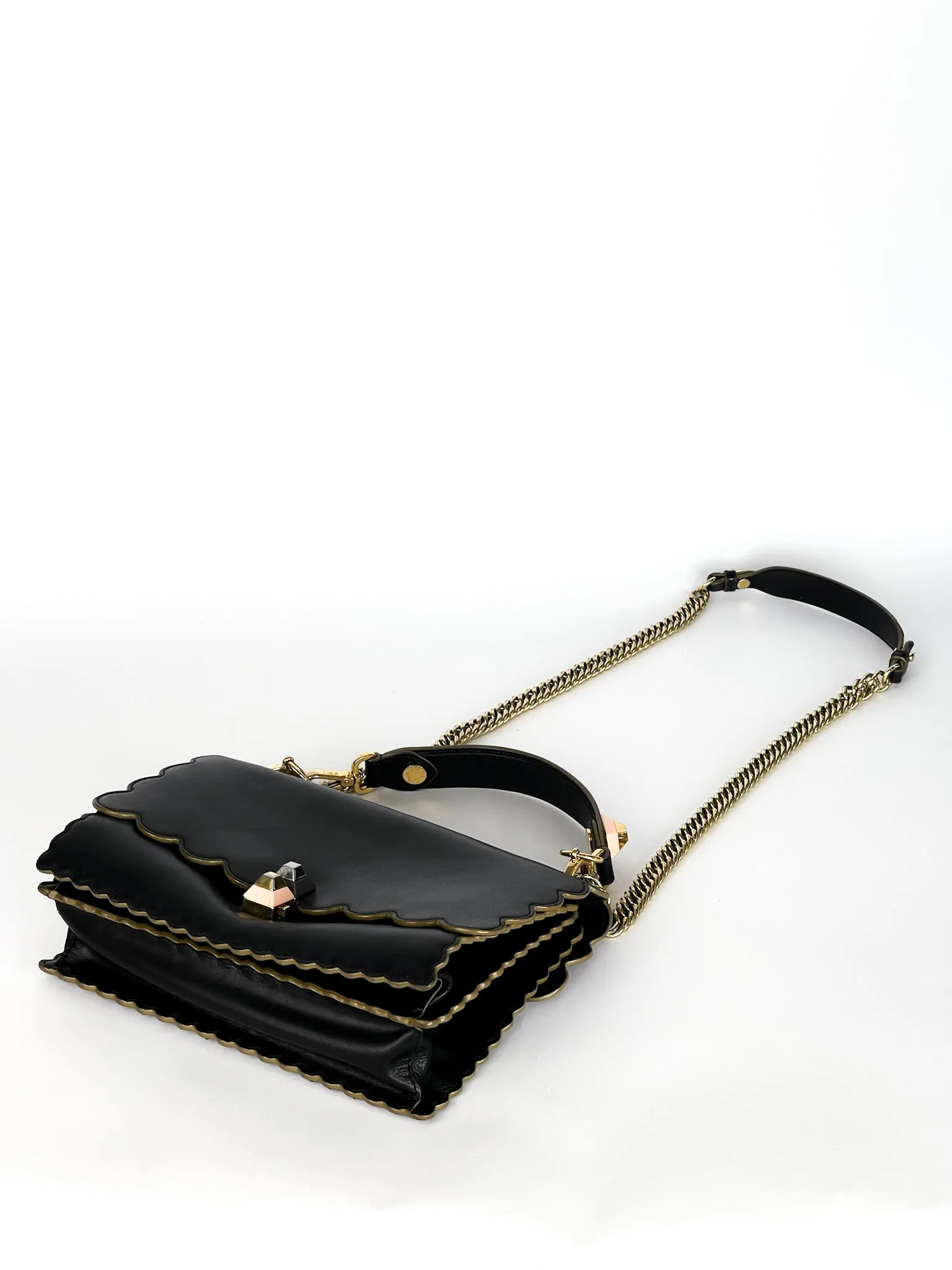 Fendi Vitello Liberty Scalloped Studded Kan I Shoulder Bag Black